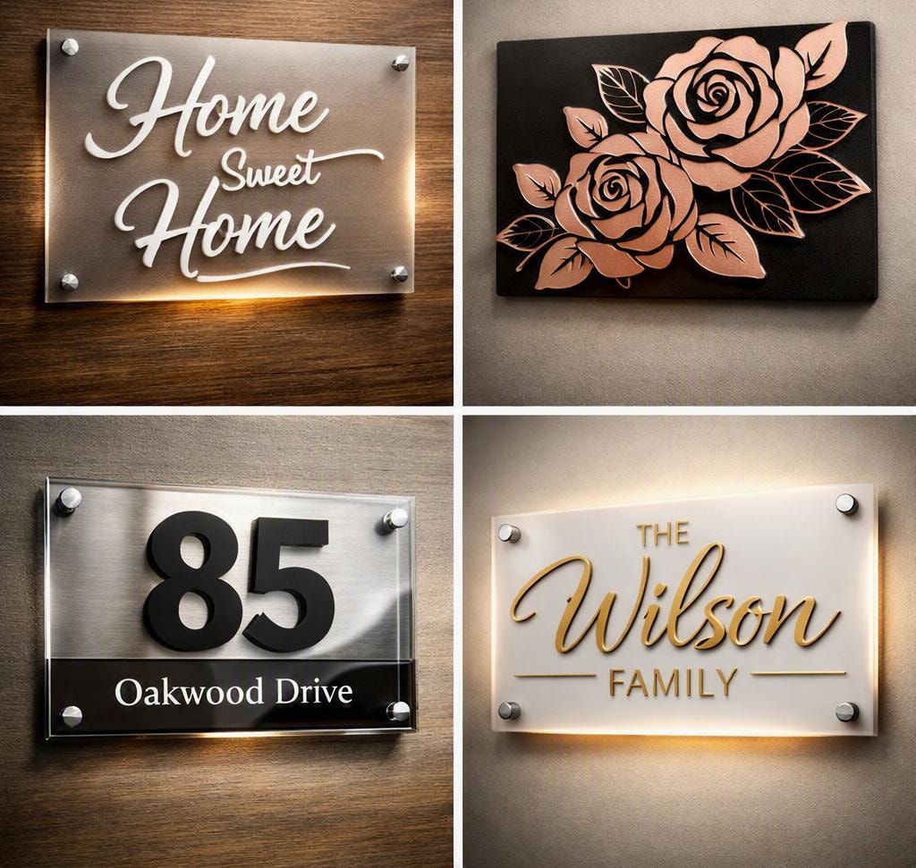 Home decor acrylic signs — Home Sweet Home, rose wall art, address plaque, and family name sign