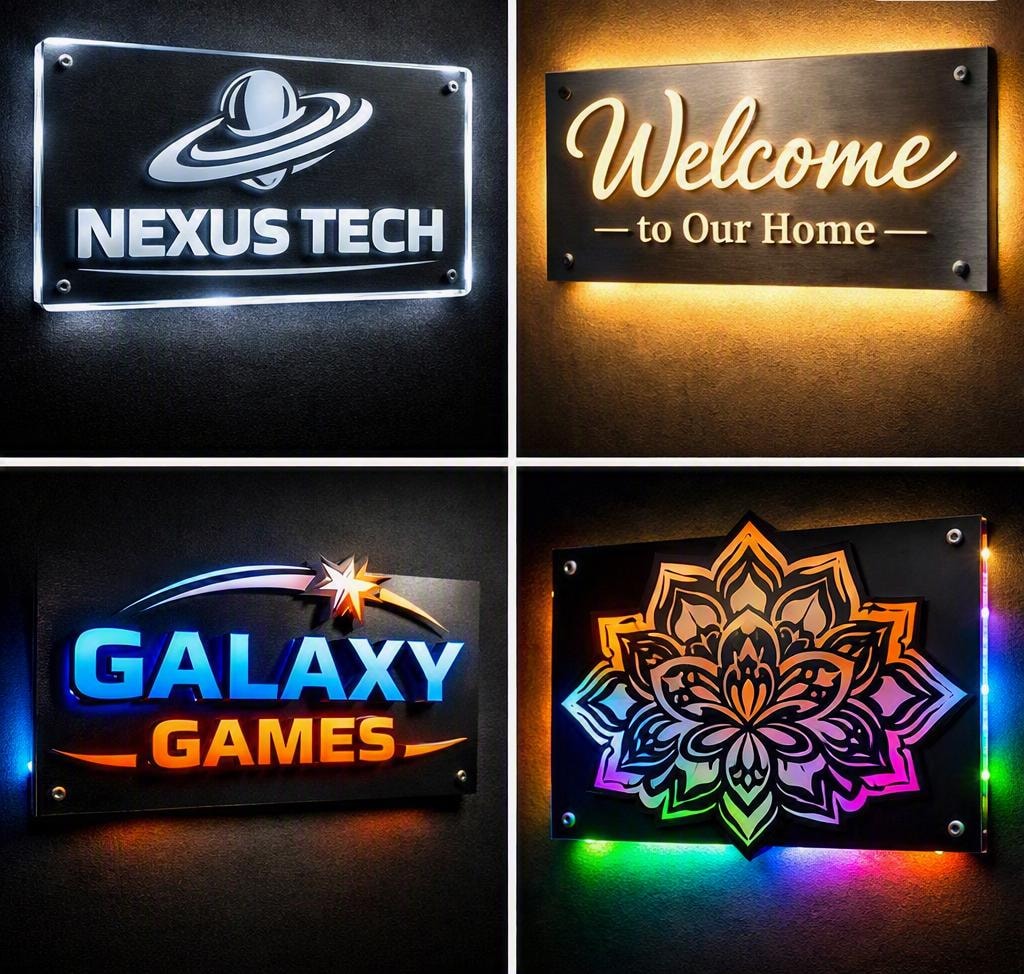 LED acrylic signs — Nexus Tech, Welcome to Our Home, Galaxy Games, and mandala neon backlit designs